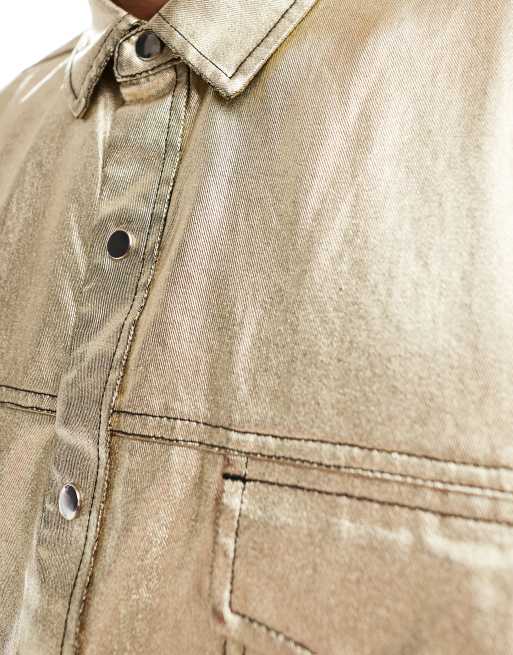 ASOS DESIGN - Chemise oversize ample à manches courtes en denim enduit - Doré , 3 de 4