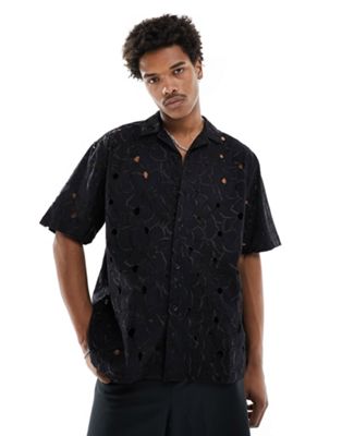 ASOS DESIGN oversized revere collar floral embroidered shirt in black - ASOS Price Checker