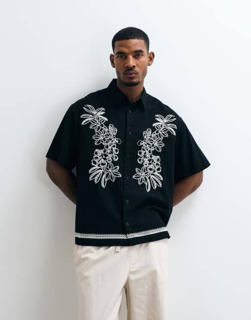ASOS DESIGN chemise oversize avec lin et broderie fleurie noire, 5 de 5