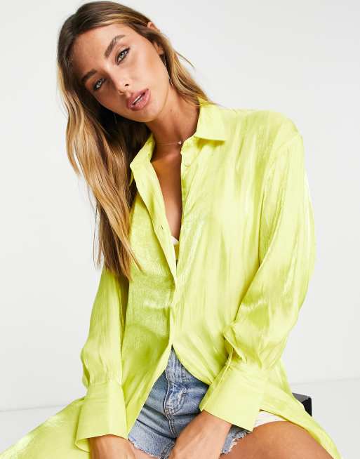 ASOS DESIGN - Chemise oversize avec manches bouffantes et bords des manches larges - Citron vert métallisé