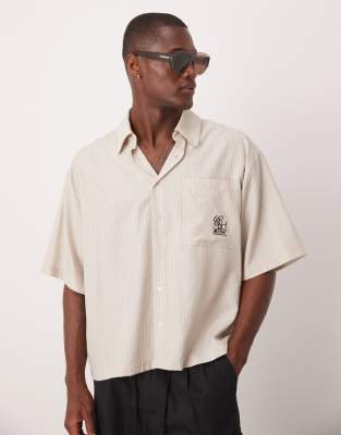 ASOS DESIGN - Chemise oversize brodée à rayures - Beige-Neutre