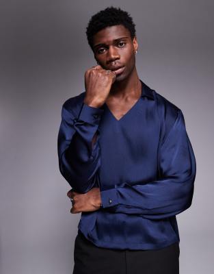 ASOS DESIGN - Chemise oversize coupe carrée à enfiler en satin - Bleu marine