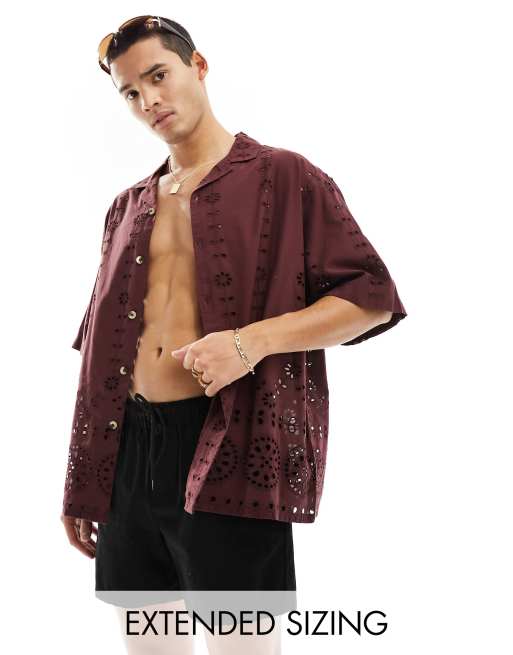 ASOS DESIGN - Chemise oversize coupe carrée à manches courtes et broderies - Marron 