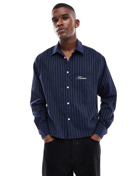 ASOS DESIGN - Chemise oversize coupe carrée à rayures avec poche brodée - Bleu marine - view 1