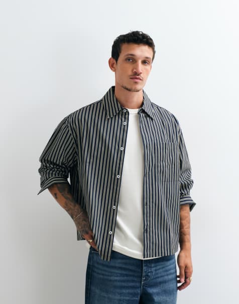 ASOS DESIGN chemise oversize coupe carrée à rayures en popeline bleu marine - view 1