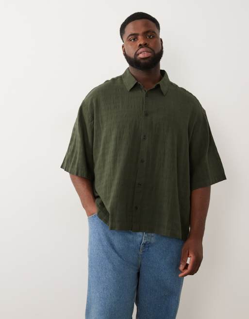  ASOS DESIGN - Chemise oversize coupe carrée avec écusson en lin mélangé - Vert foncé, 2 de 6