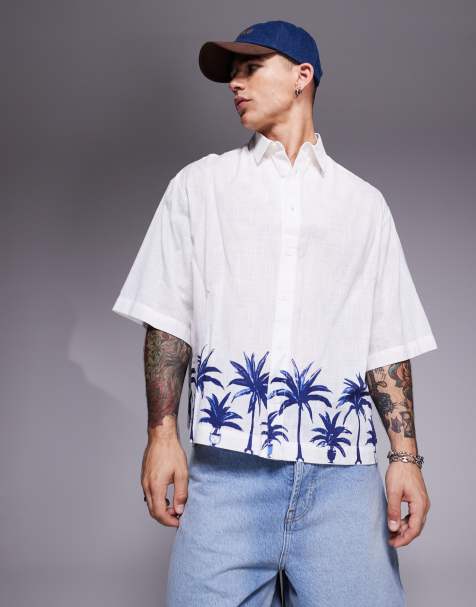 ASOS DESIGN - Chemise oversize coupe carrée en aspect lin avec imprimé palmiers - Blanc - view 1