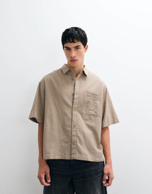ASOS DESIGN - Chemise oversize coupe carrée en crépon rayé - Beige, 2 de 5