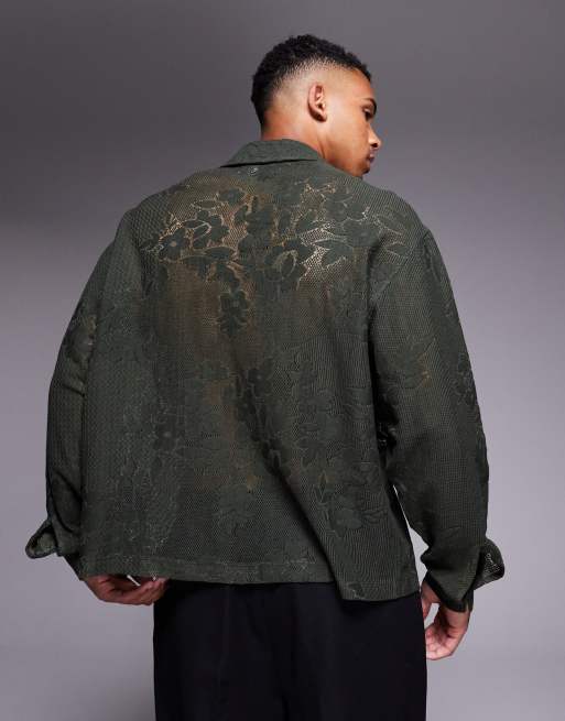 ASOS DESIGN - Chemise oversize coupe carrée en dentelle à fleurs avec col à revers - Vert, 4 de 4