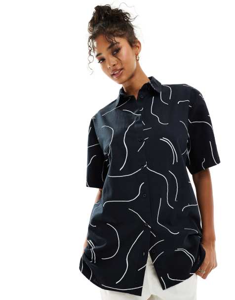 ASOS DESIGN - Chemise oversize d'ensemble en lin avec imprimé - Noir et blanc - view 1