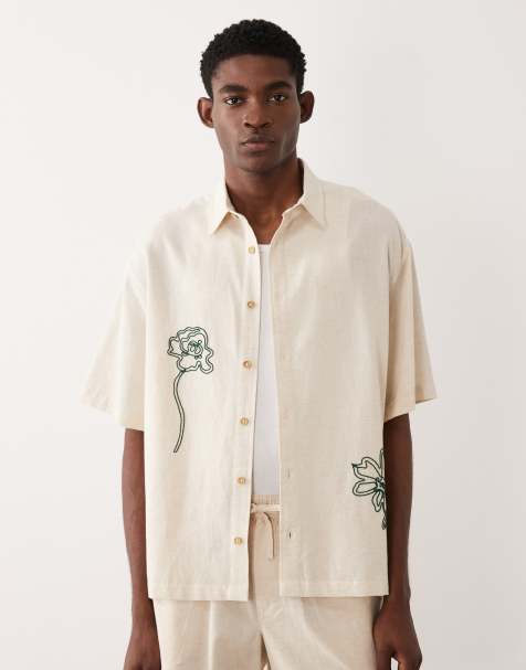 ASOS DESIGN - Chemise oversize en lin mélangé à broderie cordée - Naturel - view 1