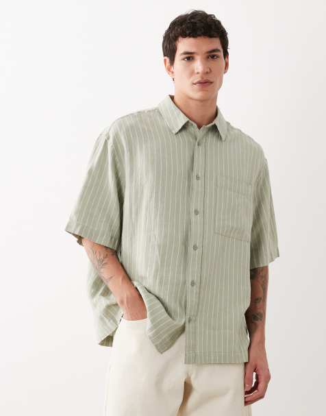 ASOS DESIGN - Chemise oversize en lin mélangé à rayures - Vert sauge - view 1