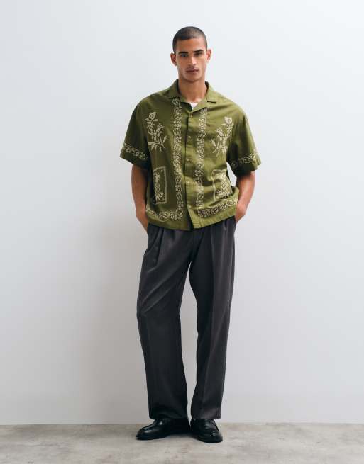 ASOS DESIGN - Chemise oversize en lin mélangé avec broderie en point de croix - Kaki, 3 de 5
