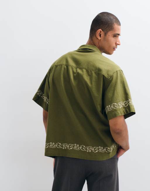 ASOS DESIGN - Chemise oversize en lin mélangé avec broderie en point de croix - Kaki, 4 de 5