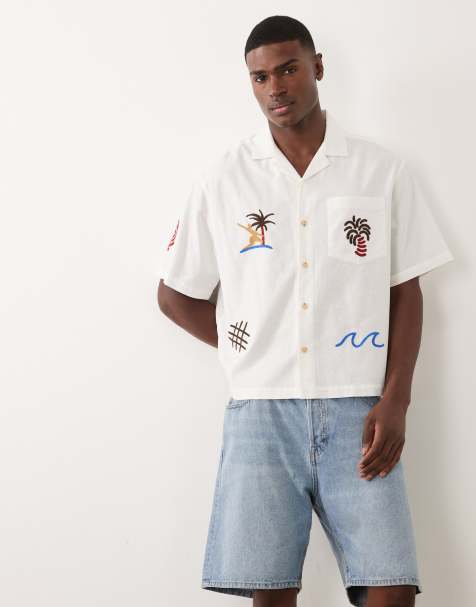 ASOS DESIGN - Chemise oversize en lin mélangé avec col à revers et broderies - Crème - view 1