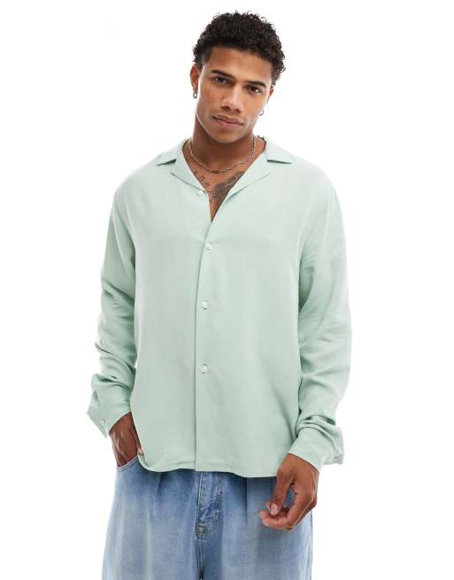 ASOS DESIGN - Chemise oversize en lin mélangé avec col à revers - Vert sauge