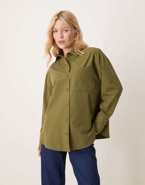 ASOS DESIGN - Chemise oversize en popeline avec poignets larges - Olive - view 1