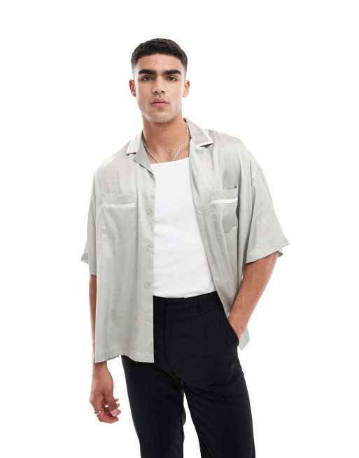 ASOS DESIGN - Chemise oversize en satin à liserés - Vert sauge