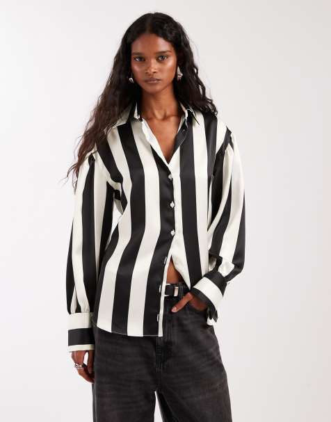 ASOS DESIGN - Chemise oversize en satin - Rayures noires - view 1