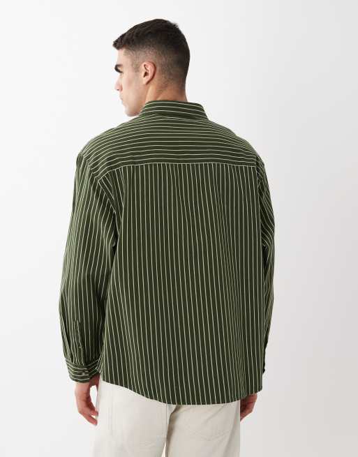 ASOS DESIGN - Chemise oversize en sergé à rayures avec broderie sur la poitrine - Vert, 3 de 6