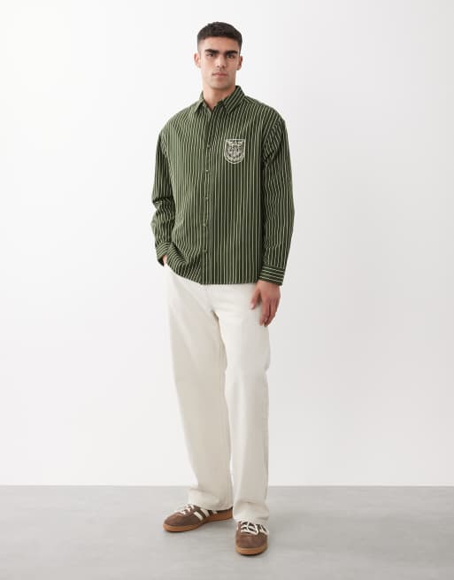 ASOS DESIGN - Chemise oversize en sergé à rayures avec broderie sur la poitrine - Vert, 4 de 6