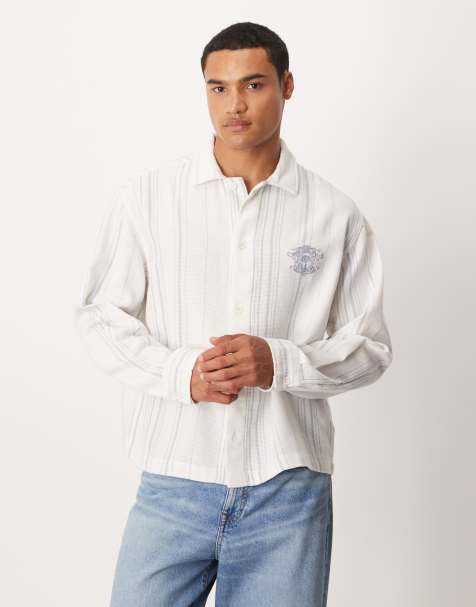 ASOS DESIGN - Chemise oversize en tissu rayé effet tressé - Blanc/bleu - view 1