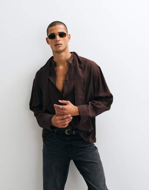 ASOS DESIGN chemise oversize fluide avec lien à nouer au cou marron - view 1