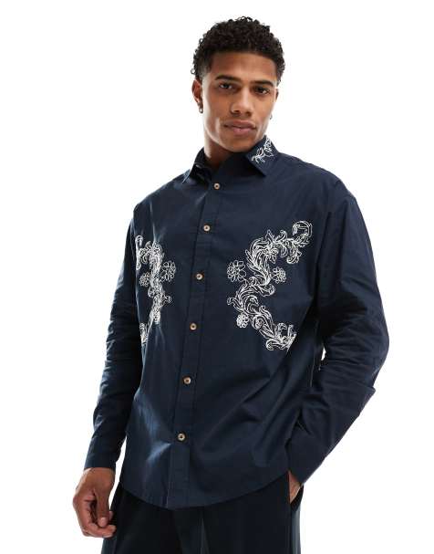 ASOS DESIGN - Chemise oversize style années 90 avec fleurs brodées - Bleu marine - view 1