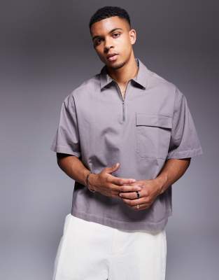 ASOS DESIGN - Chemise oversize zippée coupe longue en sergé de coton - Gris