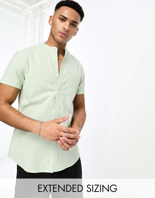 ASOS DESIGN - Chemise Oxford ajustée à col grand-père - Vert teinté