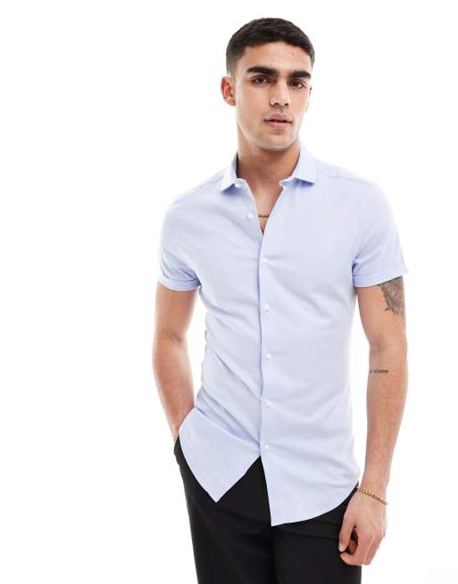 FhyzicsShops DESIGN - Chemise Oxford cintrée à col italien - Bleu clair