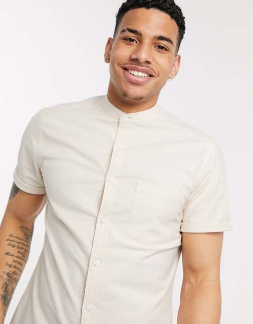 ASOS DESIGN - Chemise oxford coupe ajustée à col grand-père en fil teinté - Beige 