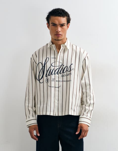 ASOS DESIGN chemise rayée boxy oversize avec motif devant écru - view 1