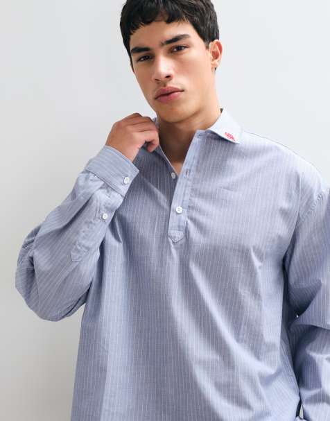 ASOS DESIGN chemise rayée coupe carrée à enfiler avec broderie au col en bleu et blanc - view 1