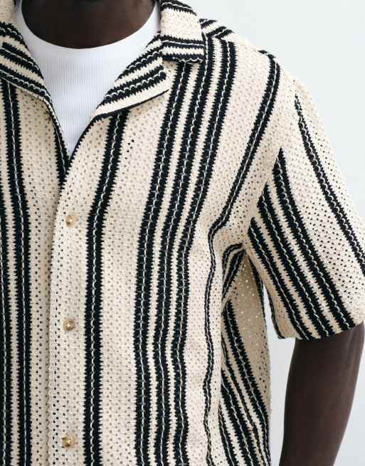 ASOS DESIGN - Chemise rayée décontractée en crochet avec revers - Noir et naturel, 2 de 5