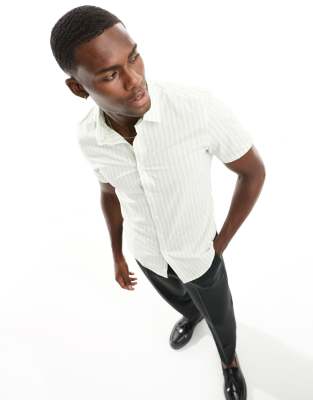 ASOS DESIGN slim fit short sleeve stripe shirt in green - ASOS Price Checker