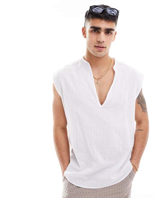 ASOS DESIGN - Chemise sans manches à enfiler en jacquard de coton - Blanc