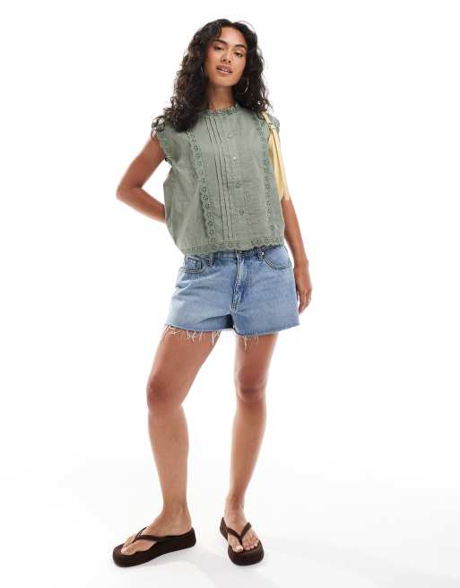 ASOS DESIGN - Chemise sans manches avec bordures en broderie anglaise - Vert, 3 de 4