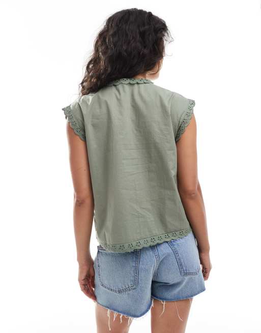 ASOS DESIGN - Chemise sans manches avec bordures en broderie anglaise - Vert, 4 de 4