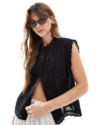 Chemise sans manches avec détail en broderie anglaise - Noir 36