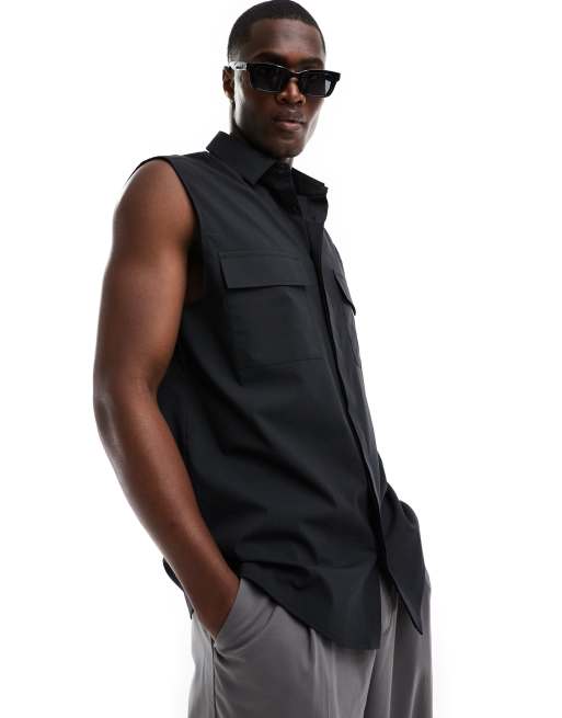 ASOS DESIGN - Chemise sans manches en popeline avec poches - Noir