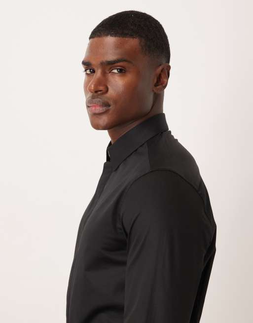 ASOS DESIGN - Chemise satinée ajustée en tissu facile à repasser - Noir, 5 de 5