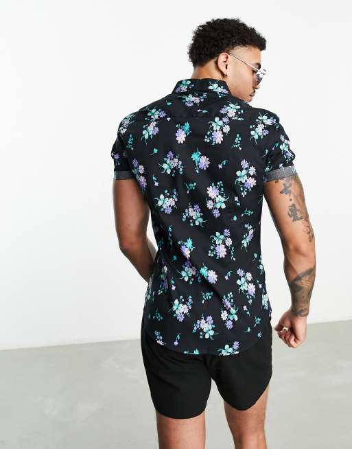 ASOS DESIGN - Chemise skinny stretch à fleurs - Noir et bleu, 3 de 4