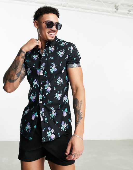 ASOS DESIGN - Chemise skinny stretch à fleurs - Noir et bleu, 4 de 4