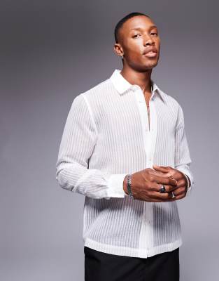 ASOS DESIGN - Chemise slim en tulle rayé transparent - Blanc