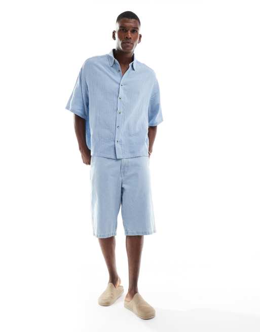 ASOS DESIGN - Chemise standard en gaze texturé - Bleu, 3 de 4