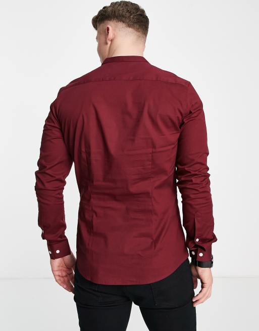 ASOS DESIGN - Chemise stretch coupe skinny col grand-père - Bordeaux, 4 de 4