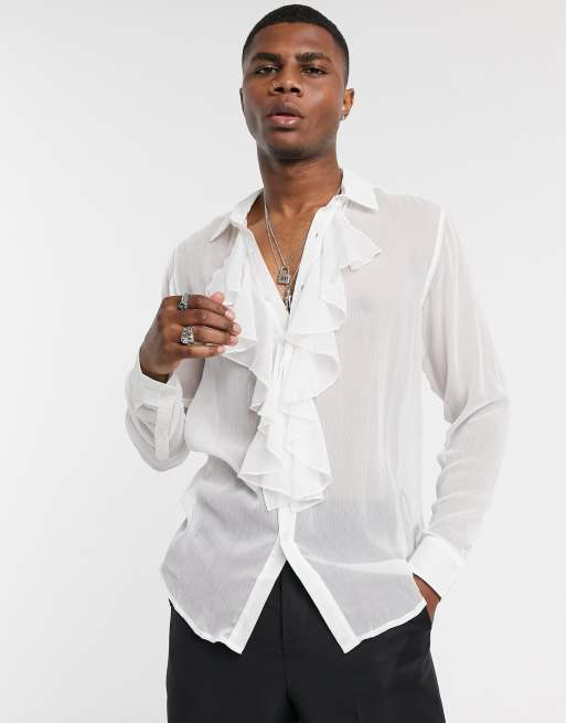 ASOS DESIGN - Chemise texturée coupe classique avec plastron à volants - Blanc
