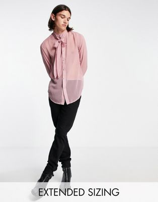 ASOS DESIGN sheer shirt with tie neck and blouson sleeve in pink  - ASOS Price Checker