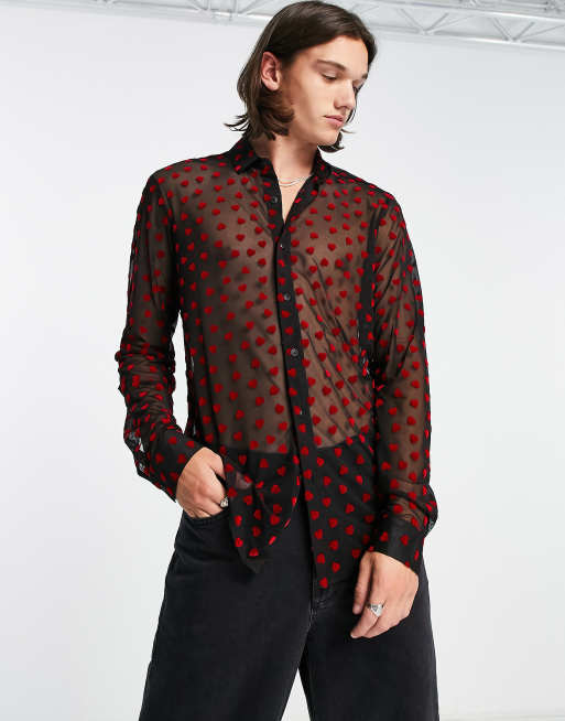 ASOS DESIGN - Chemise transparente coupe standard à volants et motif cœur en dévoré - Noir
